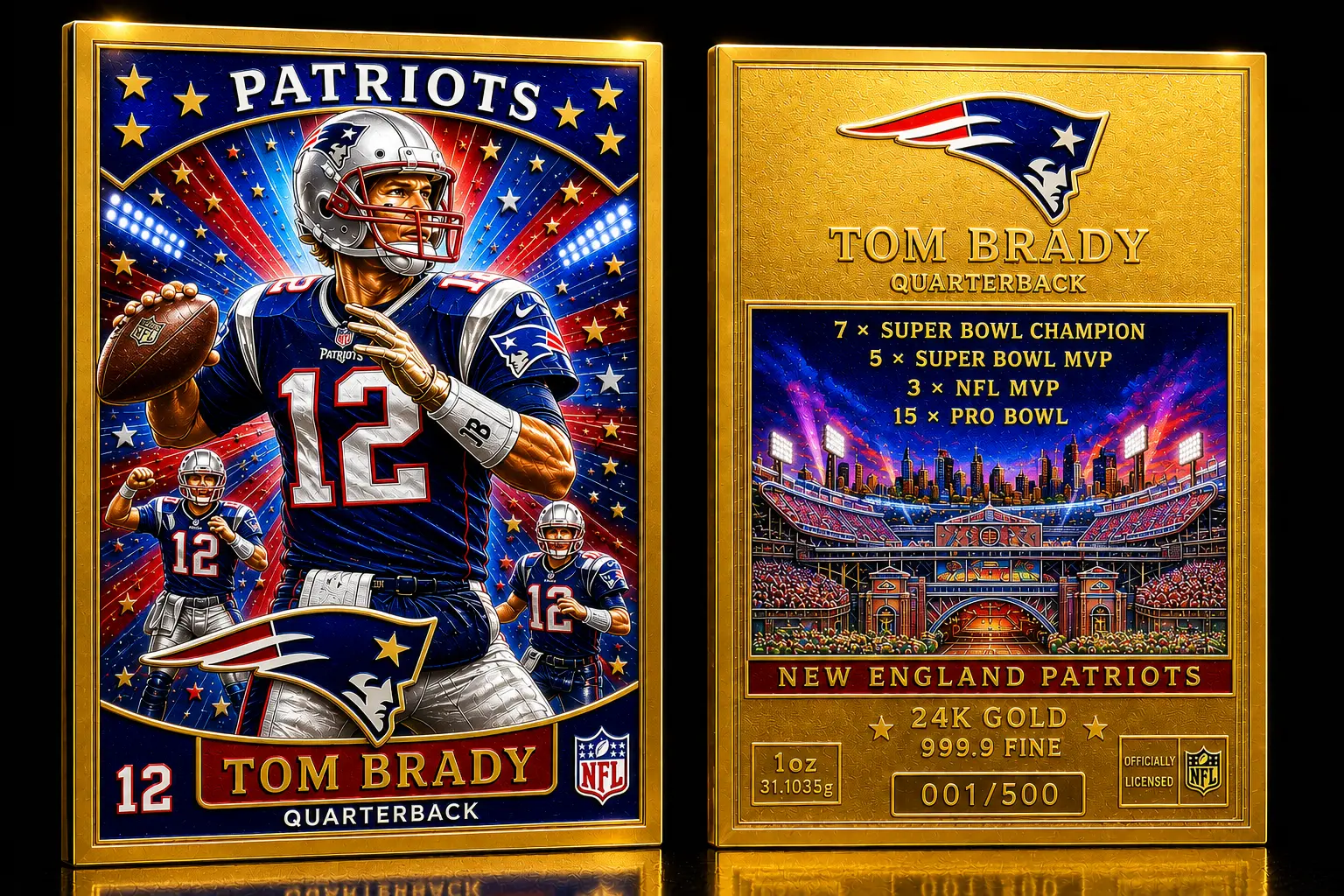 Front and back of a full-size 1oz solid gold Tom Brady trading card — example only