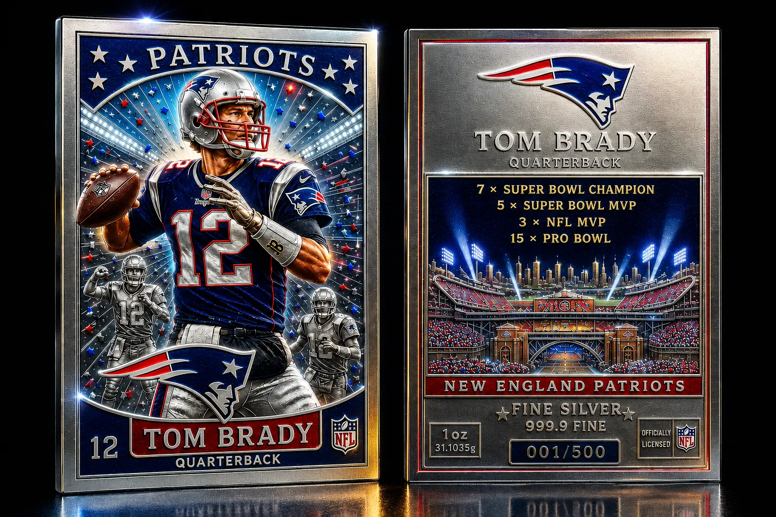 Front and back of a full-size 1oz solid silver Tom Brady trading card — example only
