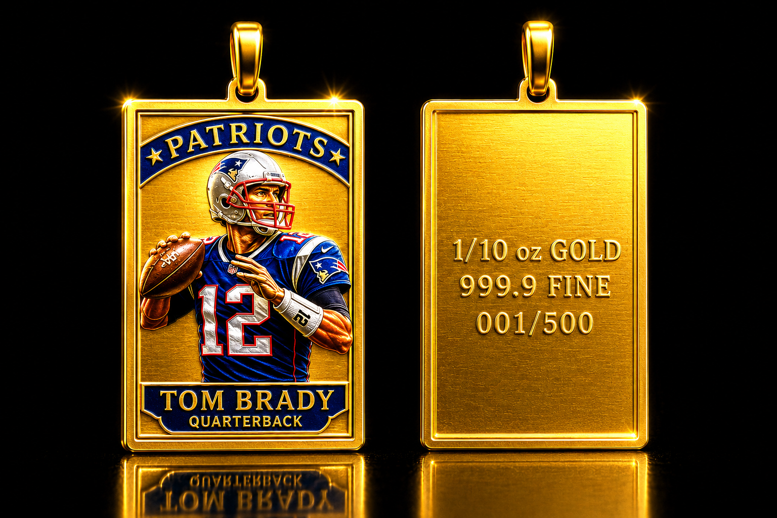 Front and back of a 10 gram solid gold mini trading card — example only