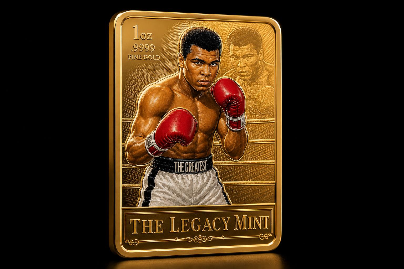 The Legacy Mint flagship 1oz solid gold trading card featuring a boxing icon