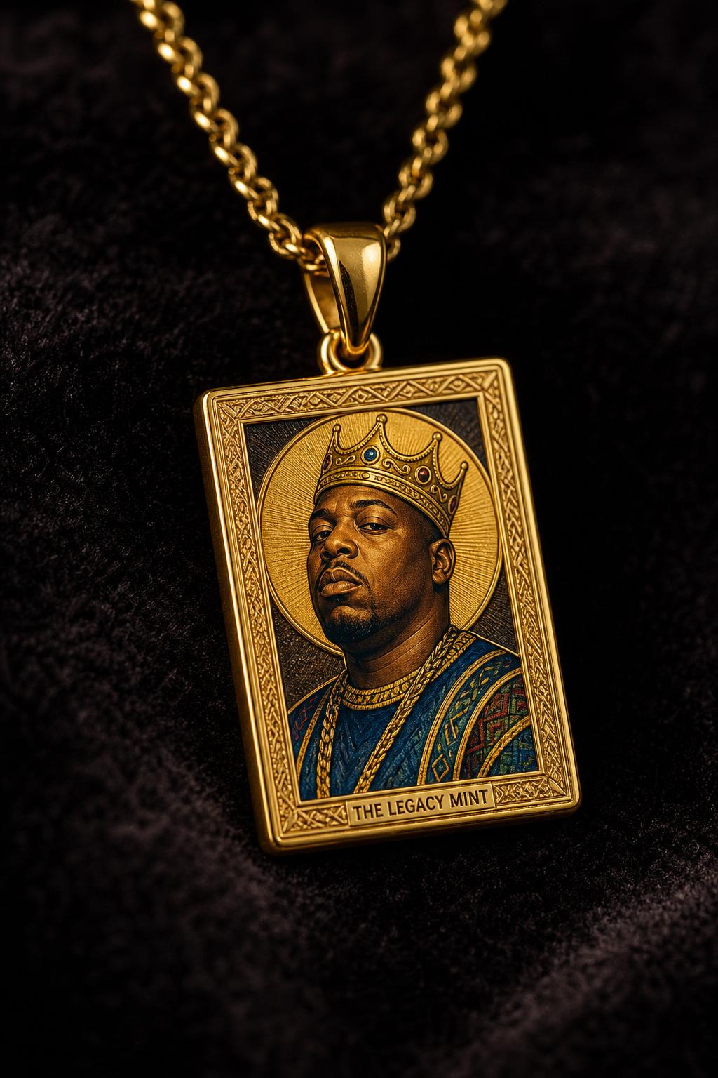 1/10 scale solid gold mini trading card worn as a pendant, engraved with The Legacy Mint