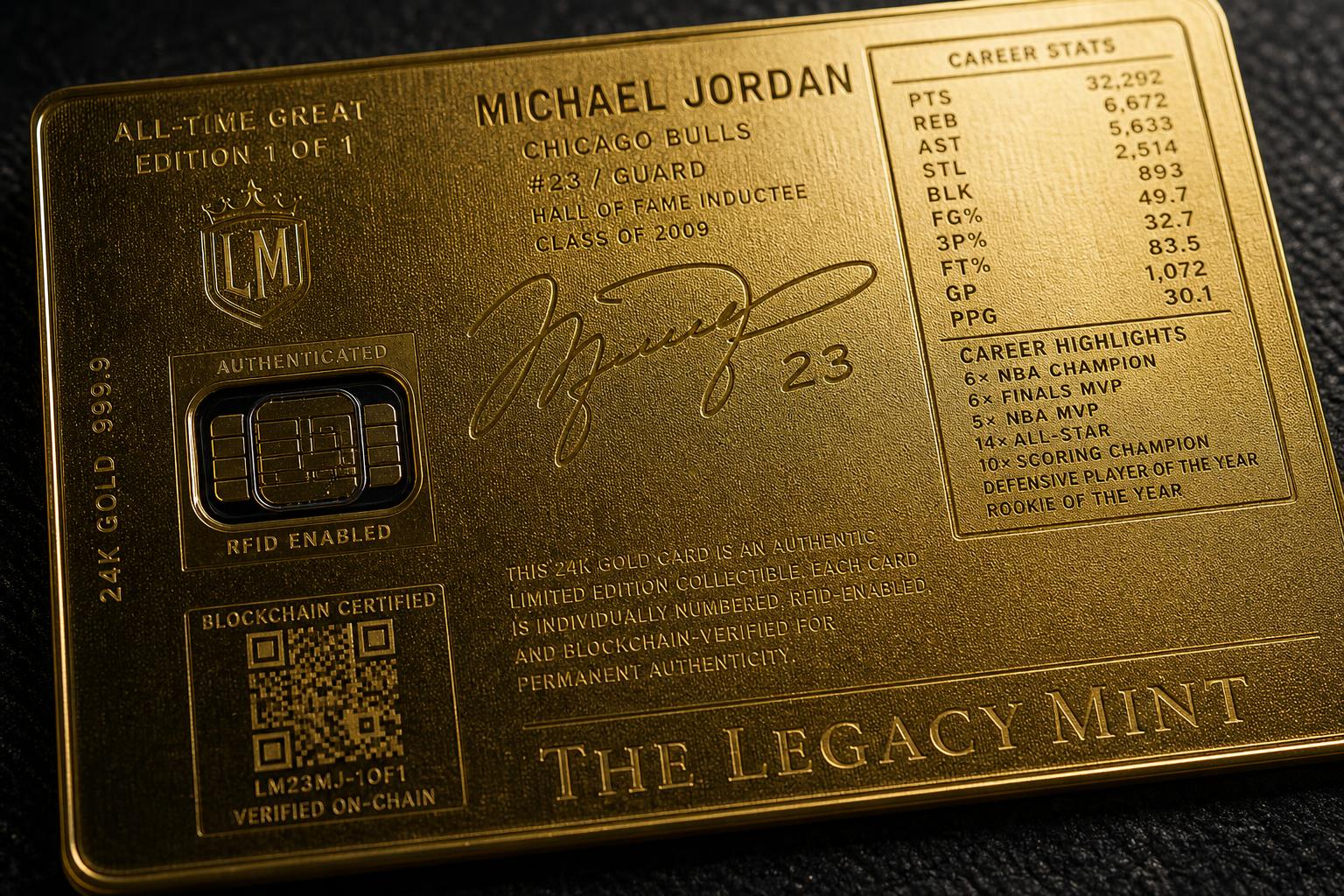 Reverse of a Legacy Mint card showing engraved career stats, embedded RFID chip, signature, and blockchain QR — stamped The Legacy Mint